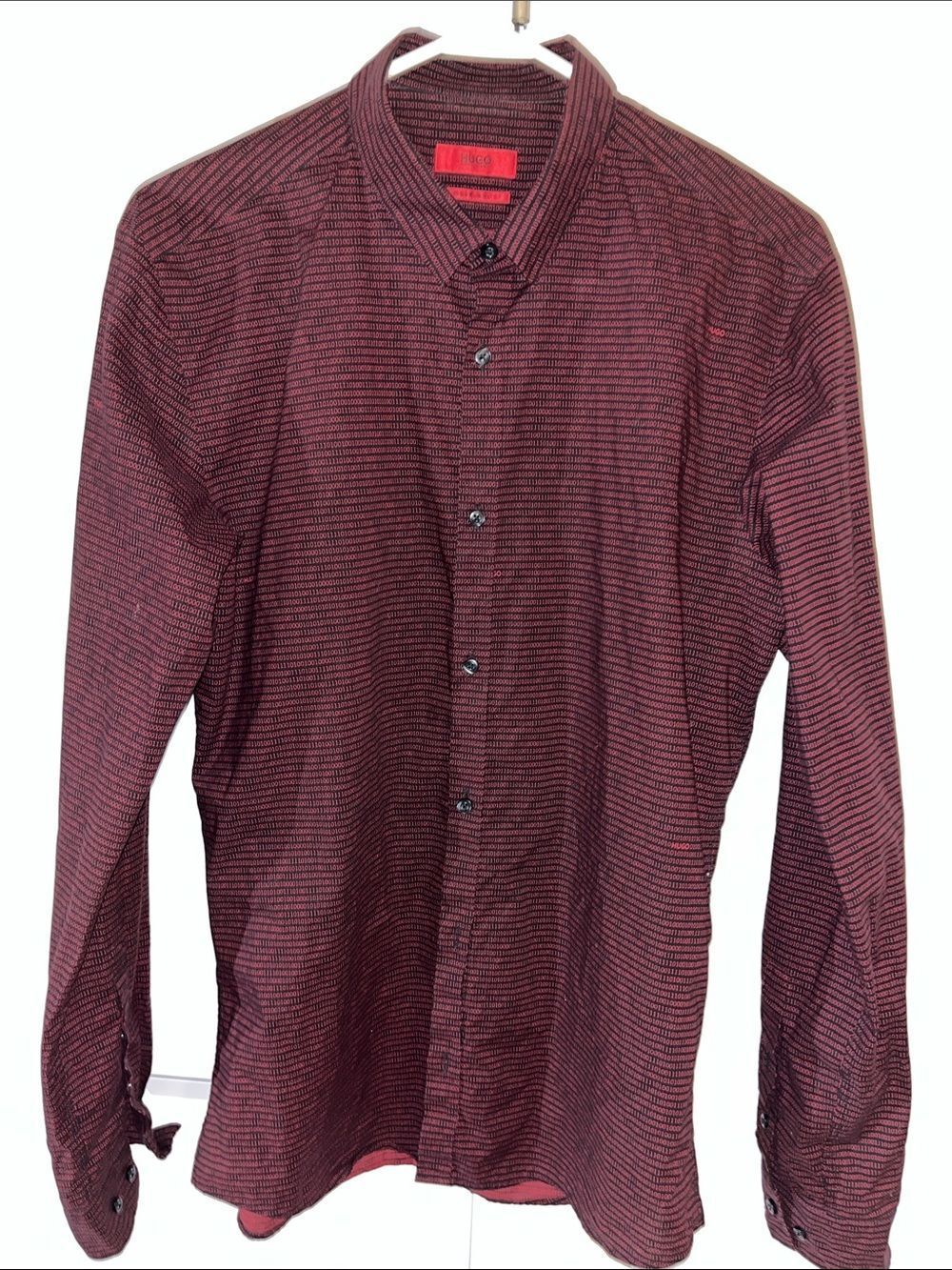 Rare Red Hugo Boss AOP Digits Computer Mathematics Work shirt M Extra slim Fit